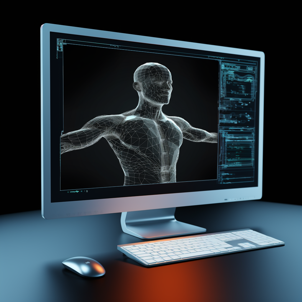 3d wireframe man on computer screen